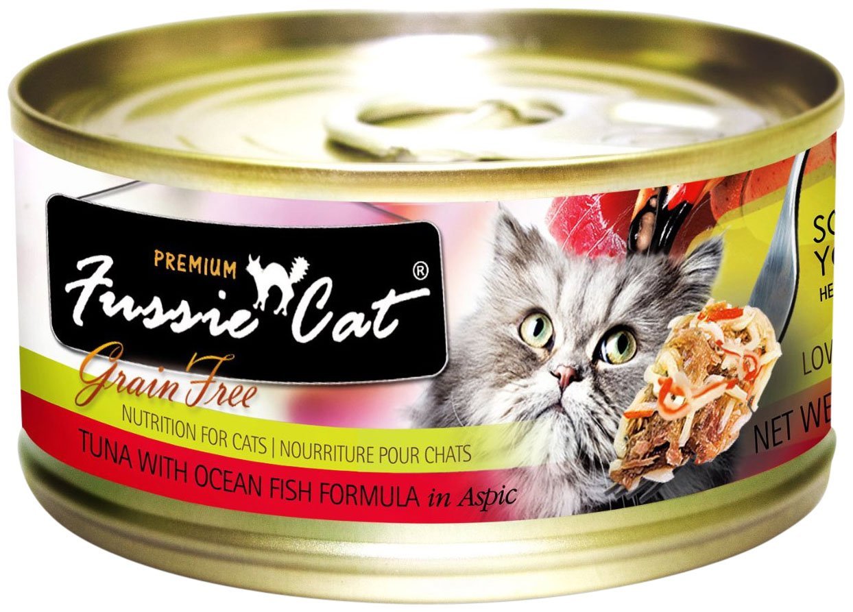 Fussie Cat thon et poisson océan en aspic sans céréales, repas humide équilibré pour chats