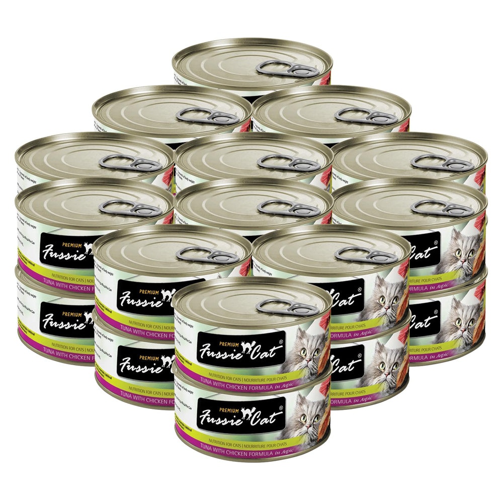 Fussie Cat thon-poulet en aspic servi dans une assiette, goût riche et texture.