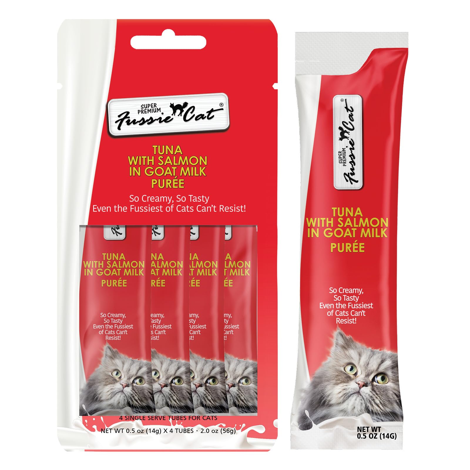 Fussie Cat thon-saumon purée lait chèvre, sachet pratique et texture onctueuse.