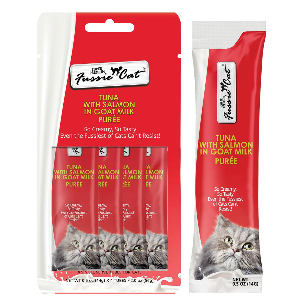 Fussie Cat thon-saumon purée lait chèvre, sachet pratique et texture onctueuse.