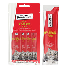 Fussie Cat thon-saumon purée lait chèvre, sachet pratique et texture onctueuse.