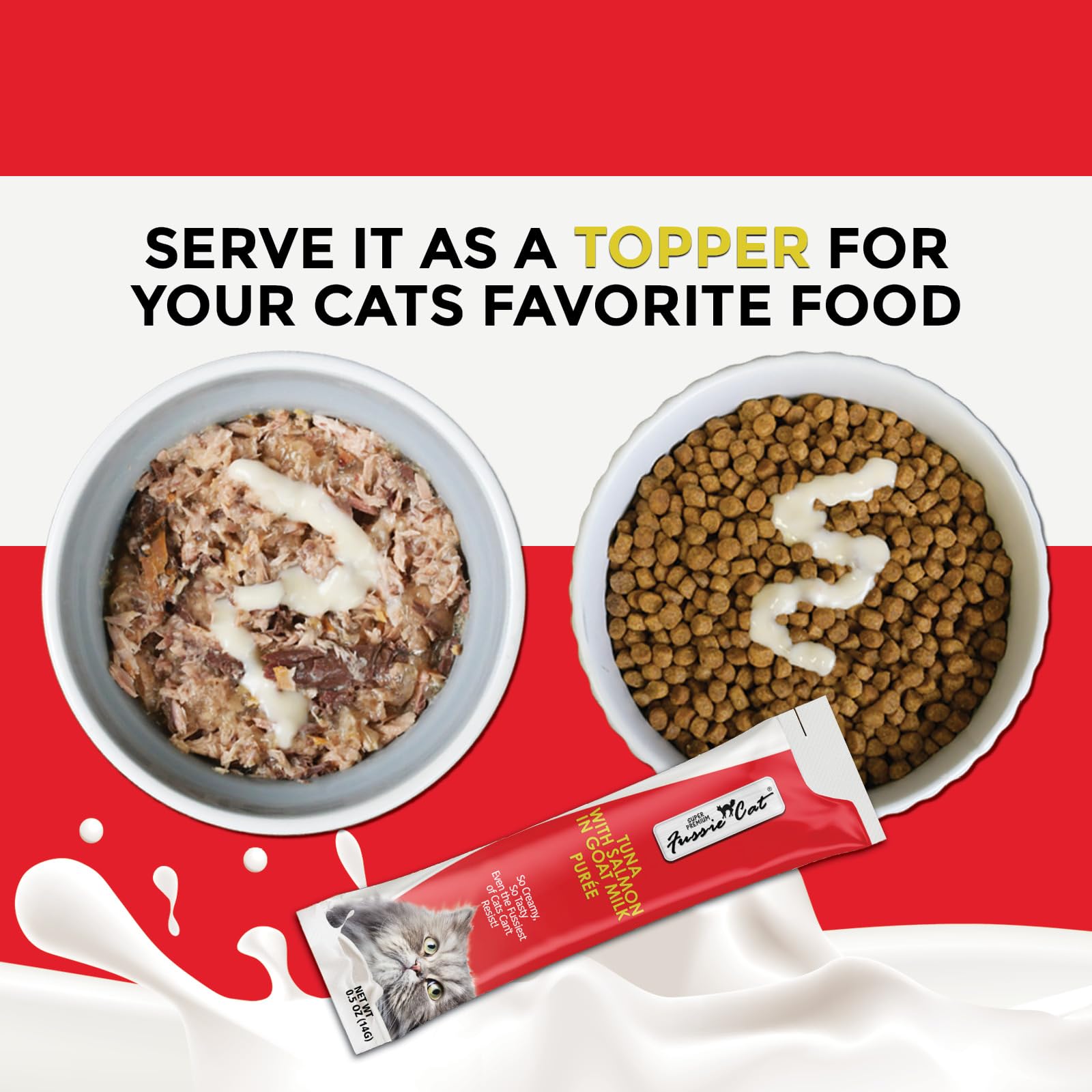 Fussie Cat thon-saumon purée lait chèvre, texture crémeuse favorisant l’appétit lors du repas.