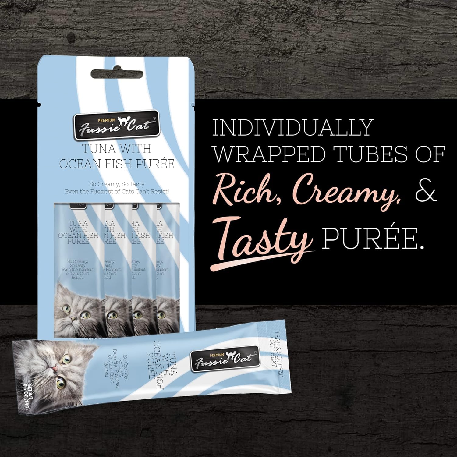 Fussie Cat Purée en pack de 72 tubes, pratique pour doser les portions.