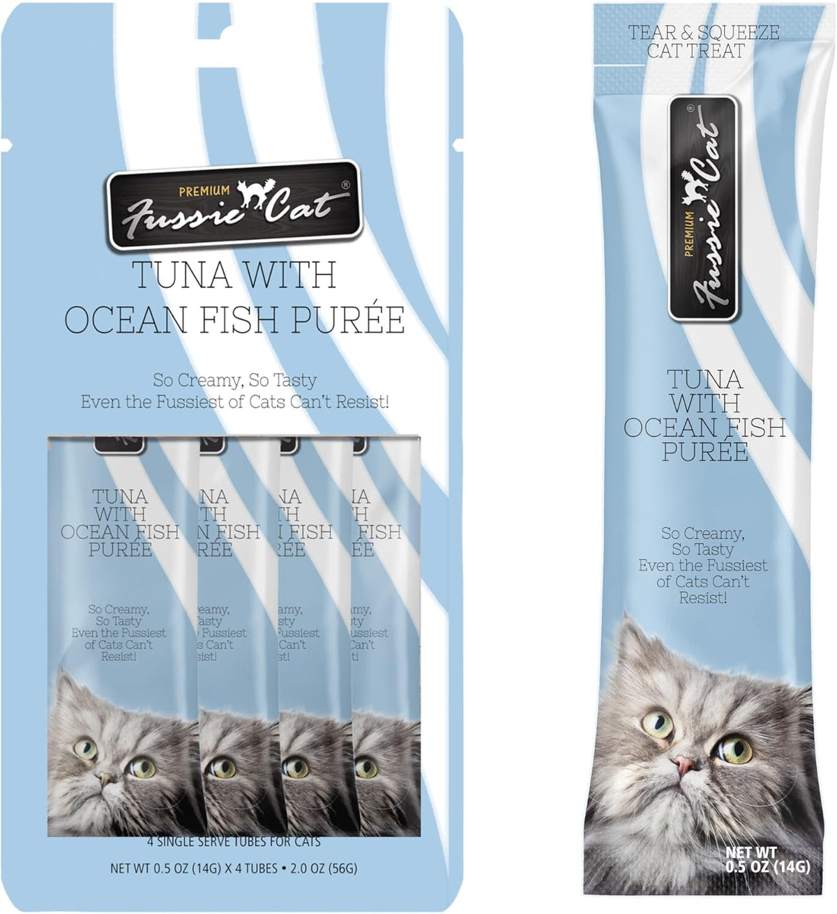 Fussie Cat Purée de thon, tube ouvert, texture crémeuse prête à servir.