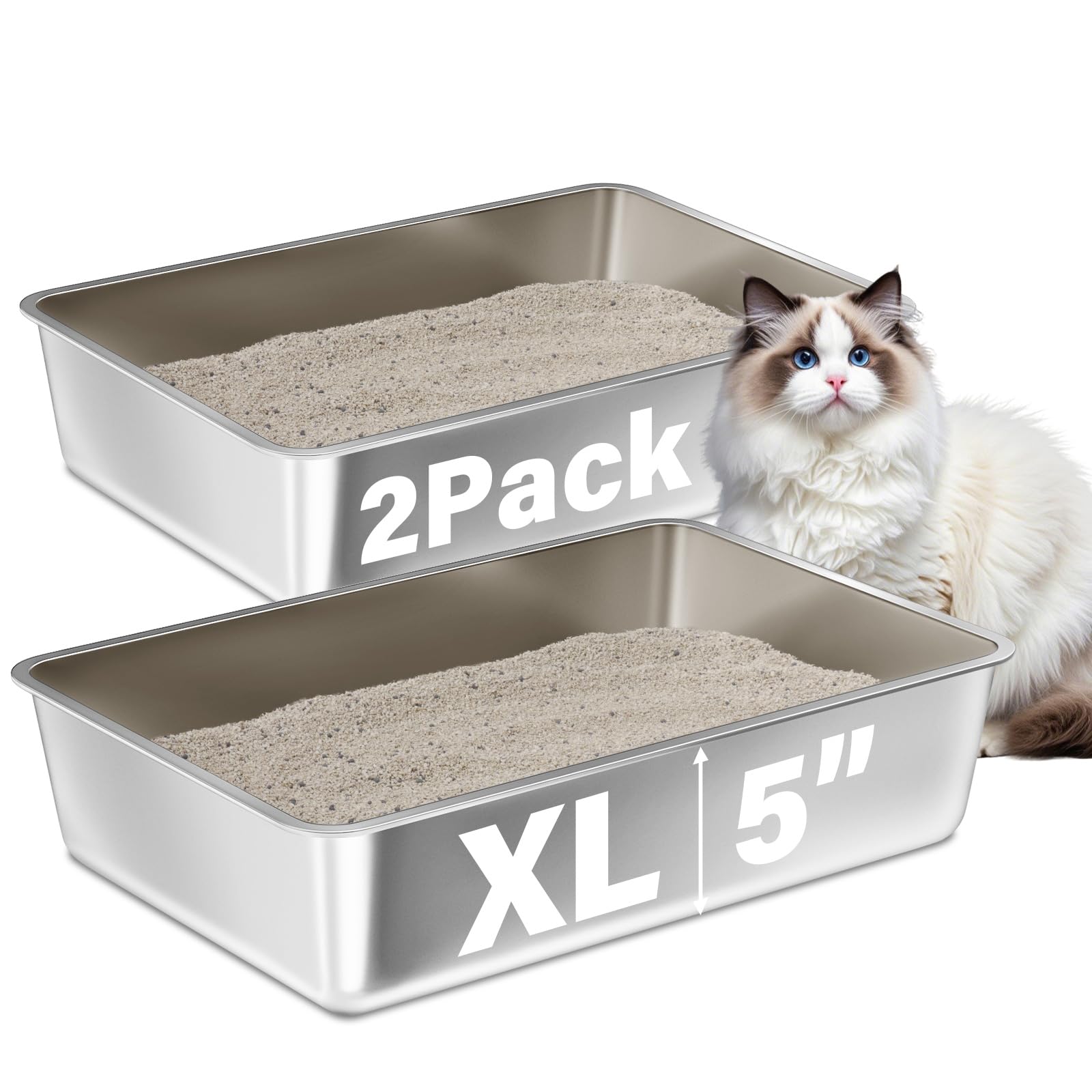 Litière FUTAM XL en acier inoxydable, espace généreux pour chats adultes.