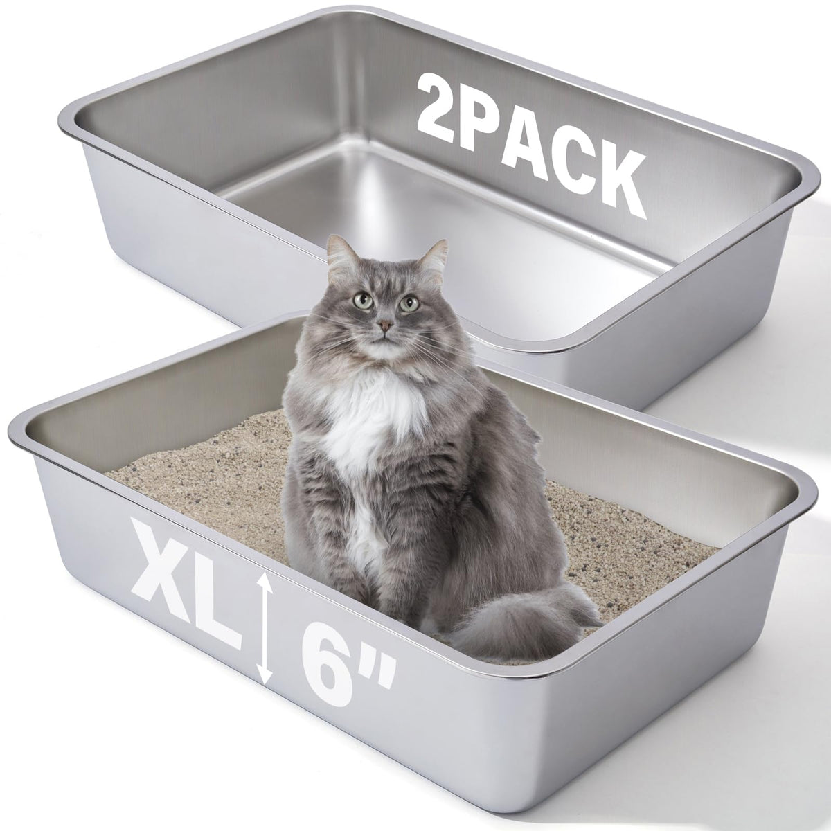 FUTAM litière inox gros modèle – bac spacieux pour chats de grande taille.