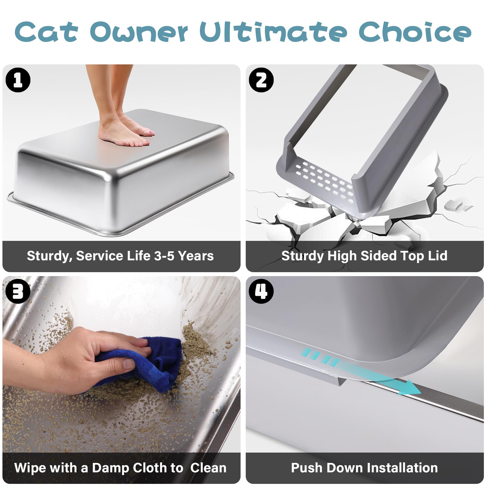 FUTAM litière inox – nettoyage rapide grâce à la surface antiadhésive.