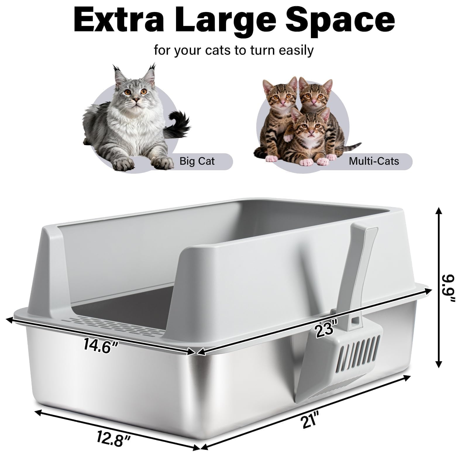 Litière FUTAM inox XL ouverte, nettoyage rapide et accès facile