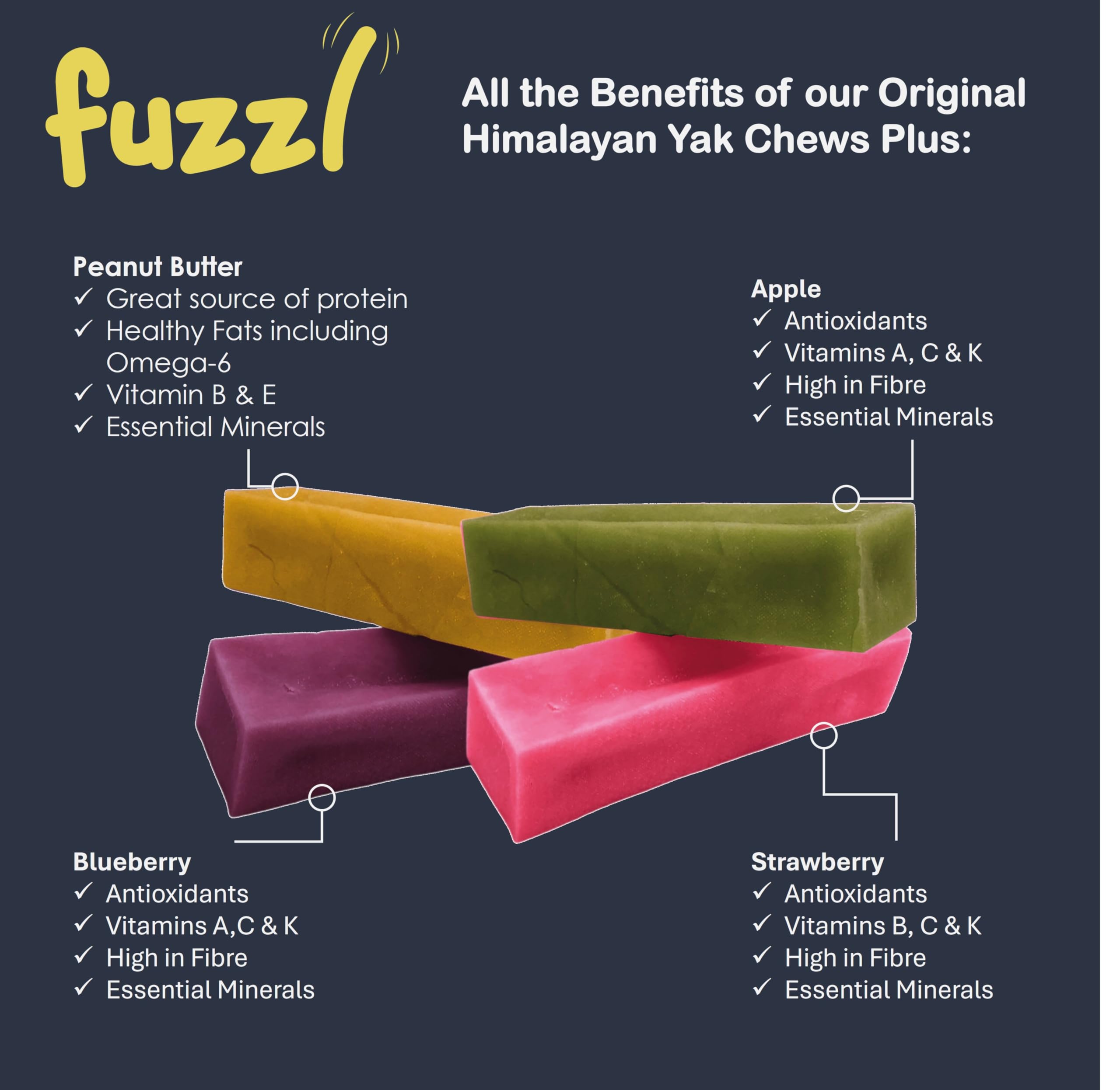 Fuzzl Yak Cheese Himalayan Chew – myrtille, goût fruité pour chiens actifs.