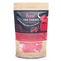 Fuzzl Yak Chews dentaire en action, aide potentielle à la dentition du chien.