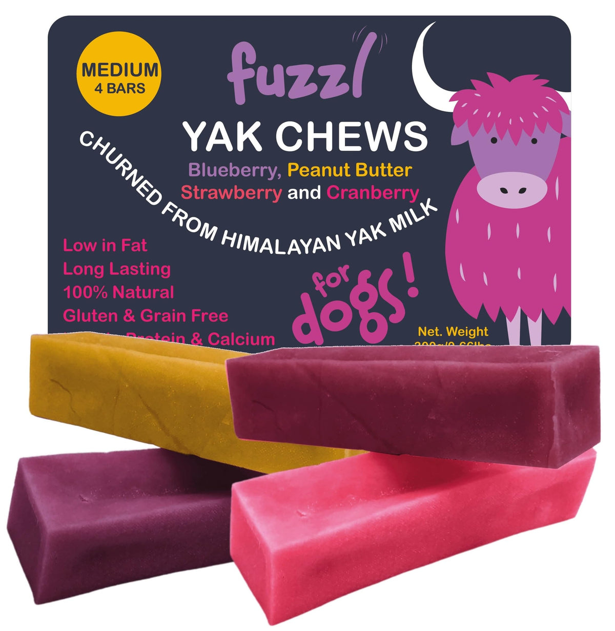 Fuzzl Yak Chews emballage, présentation attrayante pour chiens.