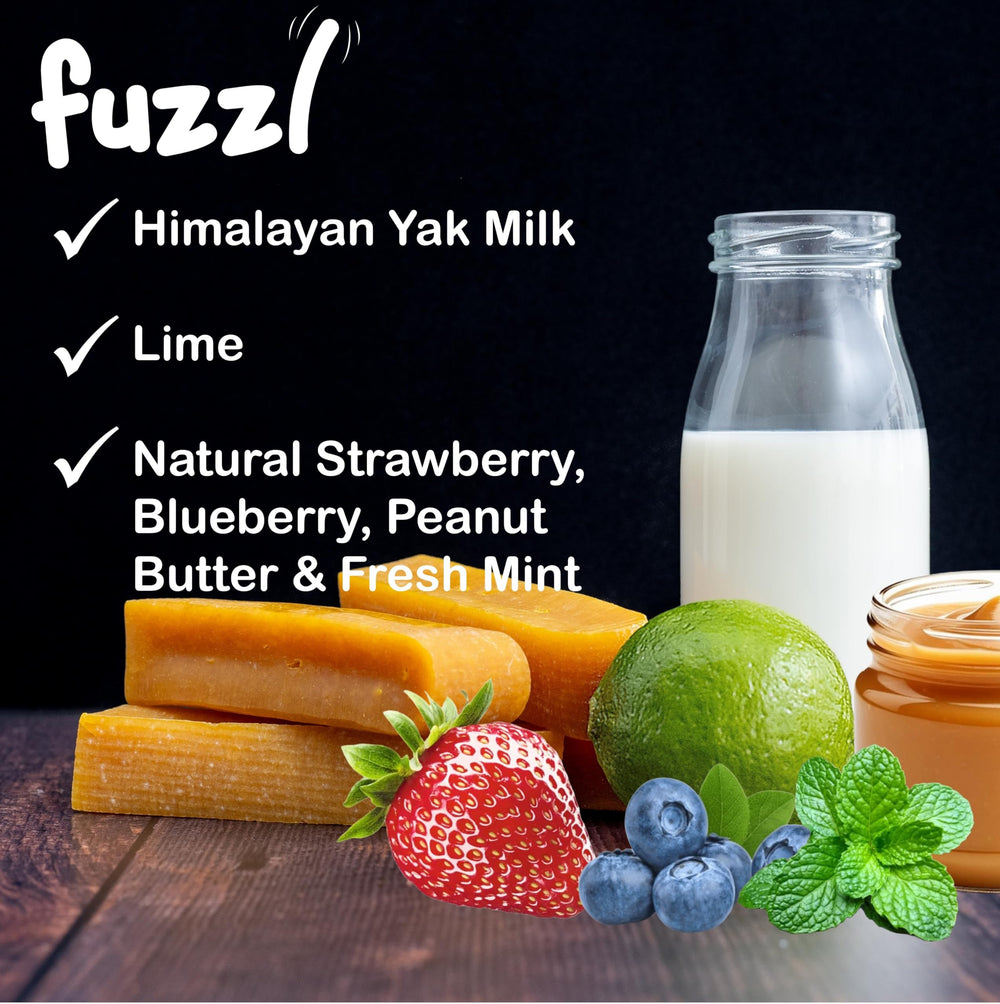 Fuzzl Yak Chews Ingrédients naturels : lait de yak himalayen et ingrédients simples.