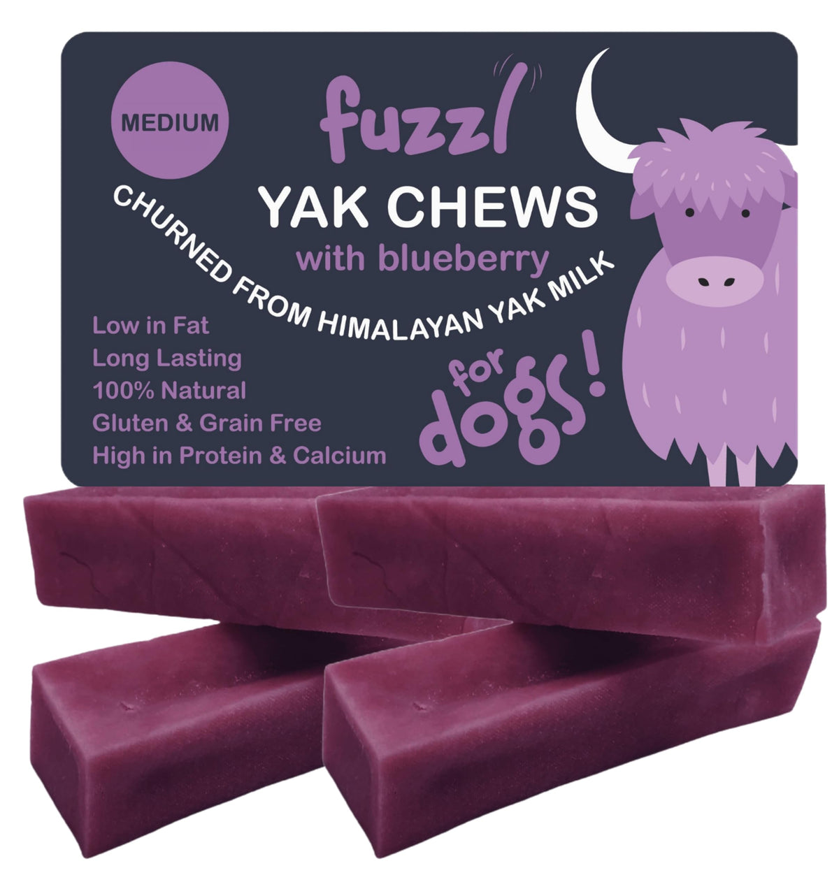 Fuzzl Yak Chews myrtille emballage 4-pack, friandise naturelle longue durée.