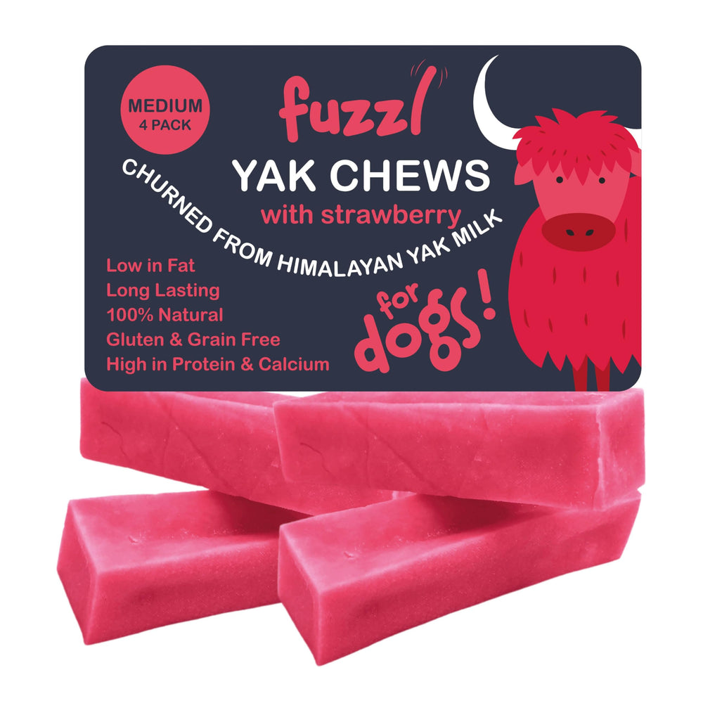 Fuzzl Yak Chews fraise, lot 4 pour chien, friandise naturelle et durable pour récompense.
