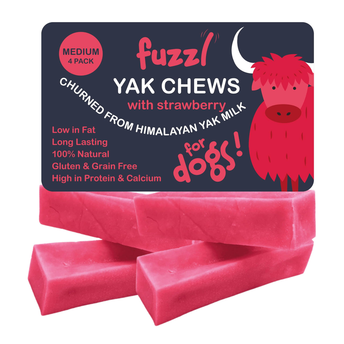 Fuzzl Yak Chews fraise, lot 4 pour chien, friandise naturelle et durable pour récompense.