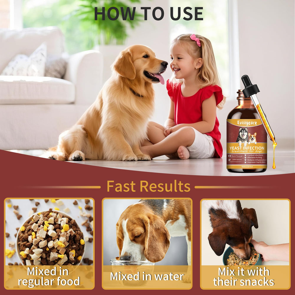 Instructions simples Fuzzycare, ajoutées à l’eau ou à la nourriture du chien.