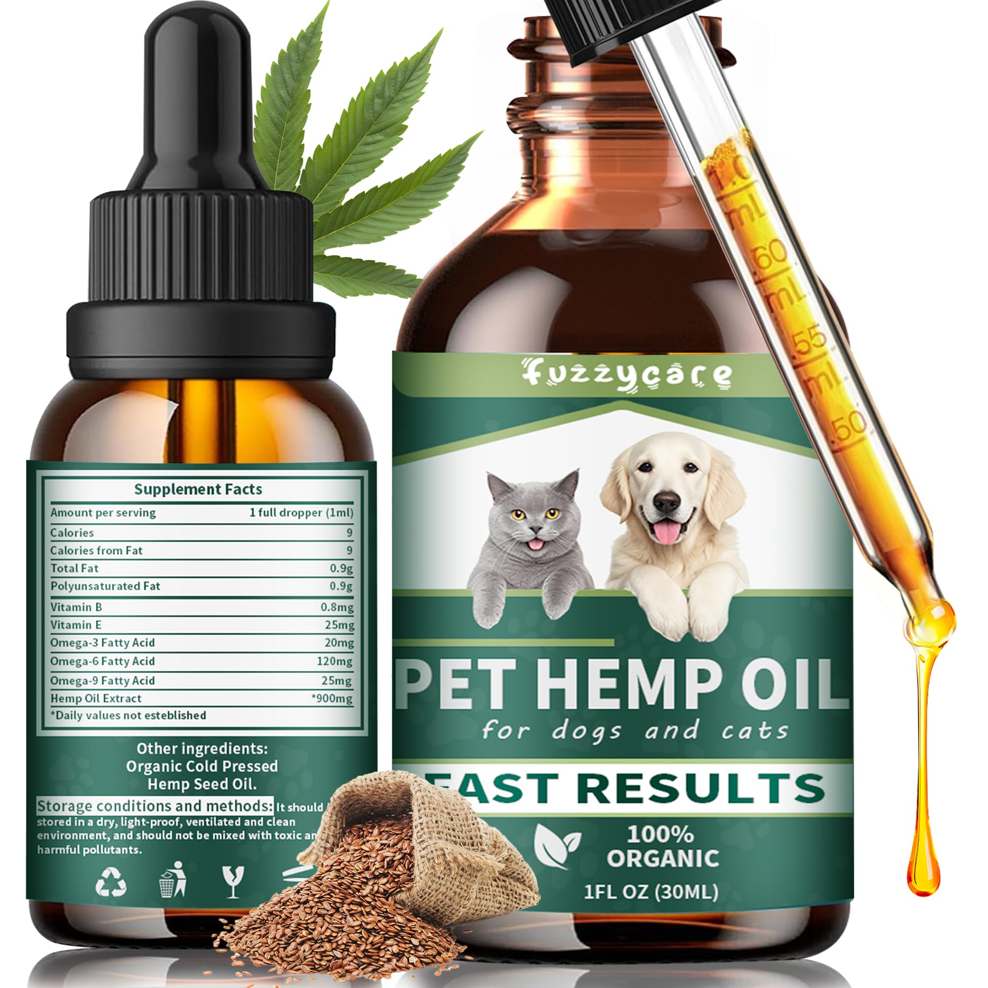 Flacon-gouttes Fuzzycare huile de chanvre apaise l’anxiété des chiens et chats.
