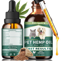 Flacon-gouttes Fuzzycare huile de chanvre apaise l’anxiété des chiens et chats.