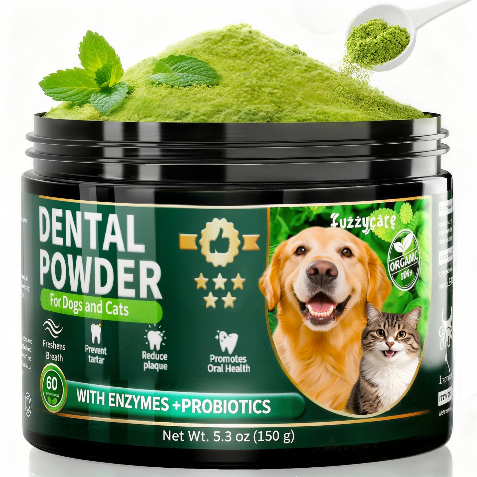 Fuzzycare Poudre Dentaire-Chien Flacon: haleine plus fraîche et dents entretenues.