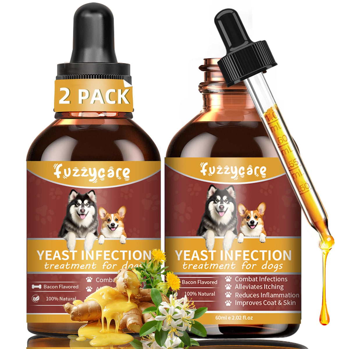 Fuzzycare flacon de traitement pour infections à levures chez le chien, soutien potentiel.