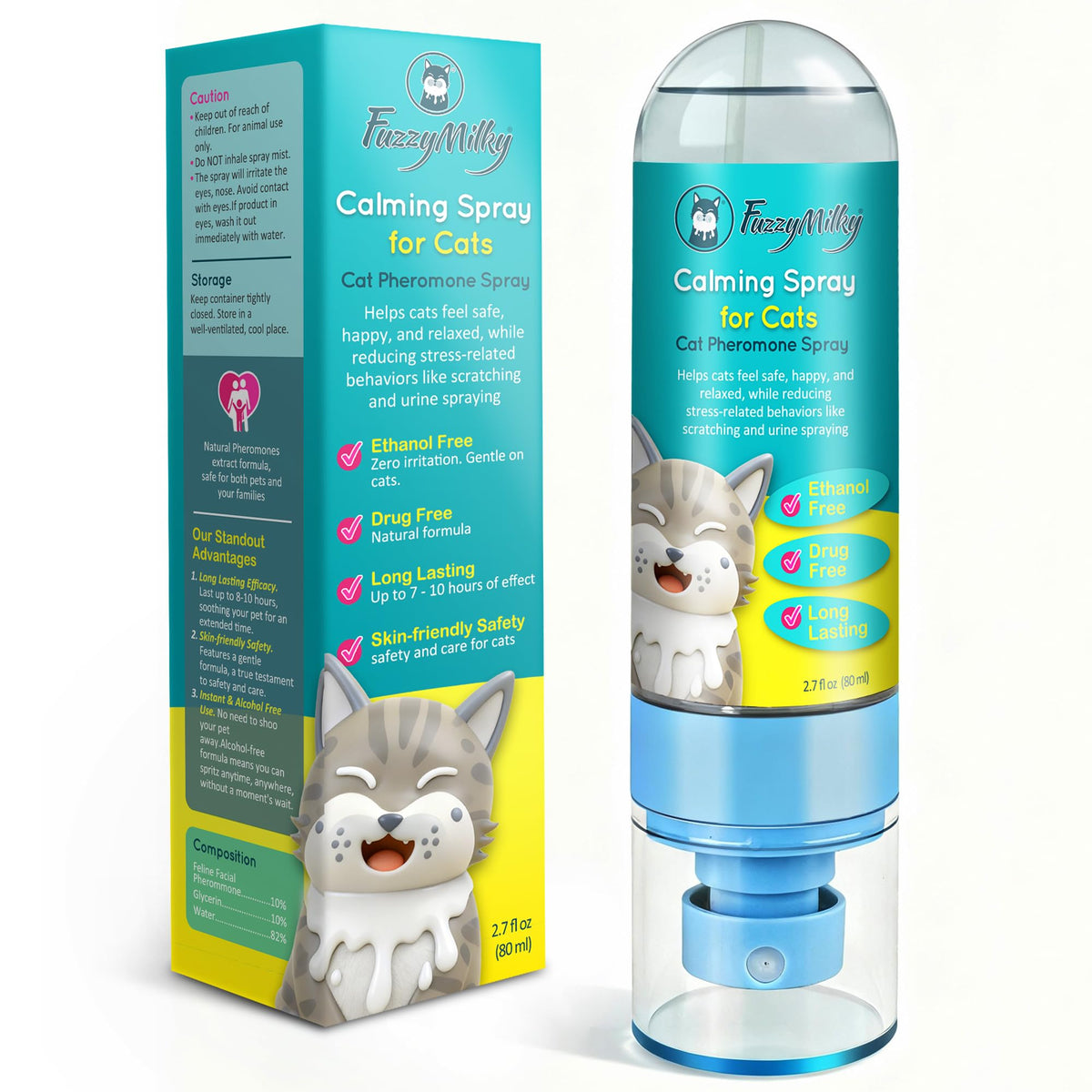 Spray apaisant FuzzyMilky pour chat, flacon 80 ml, calme et sommeil.
