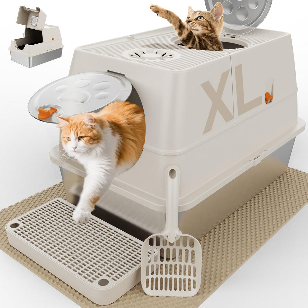 FZGhome bac litière inox XXL avec couvercle, espace idéal pour grands chats.