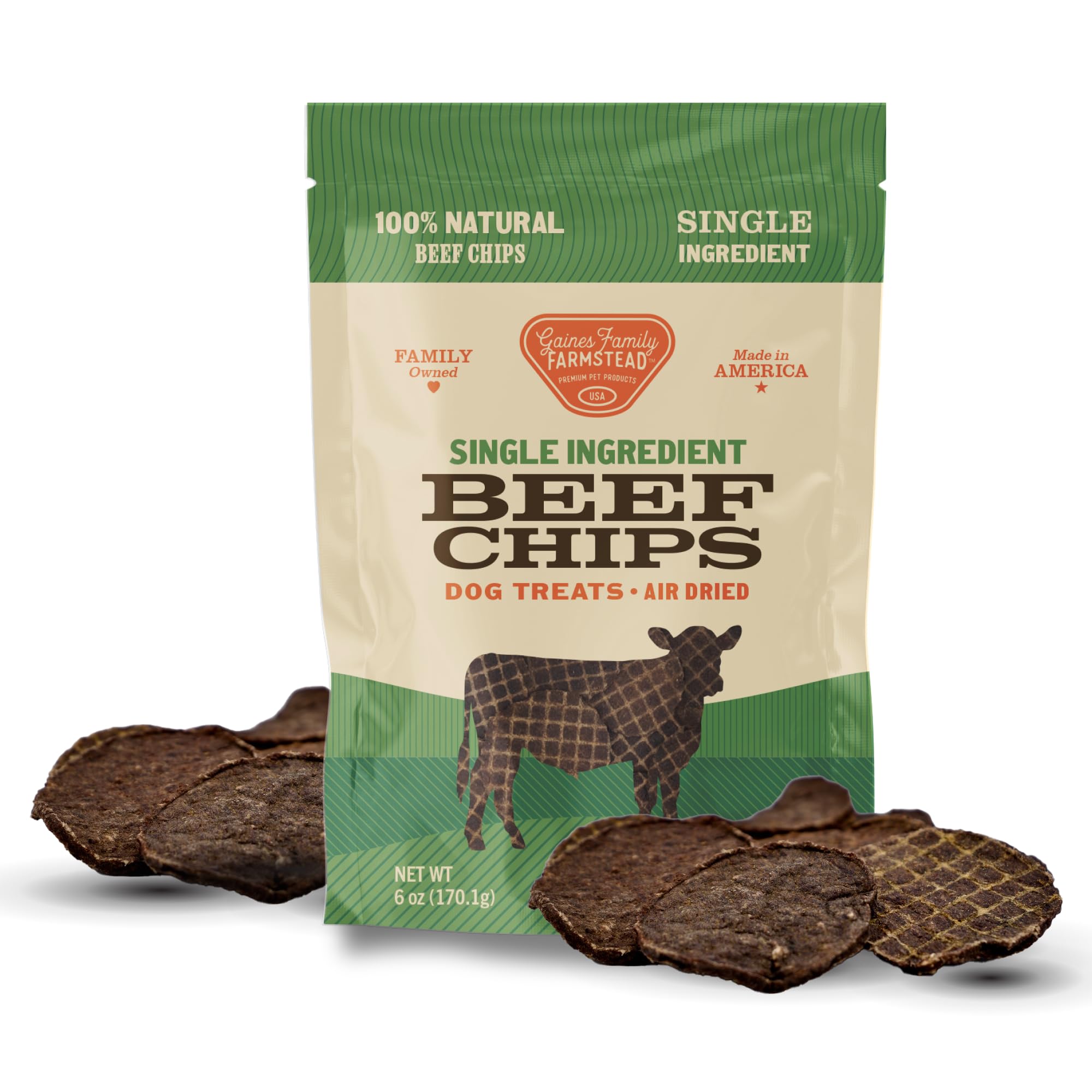 Chips de boeuf Gaines Family Farmstead pour chien, emballage pratique et portable.