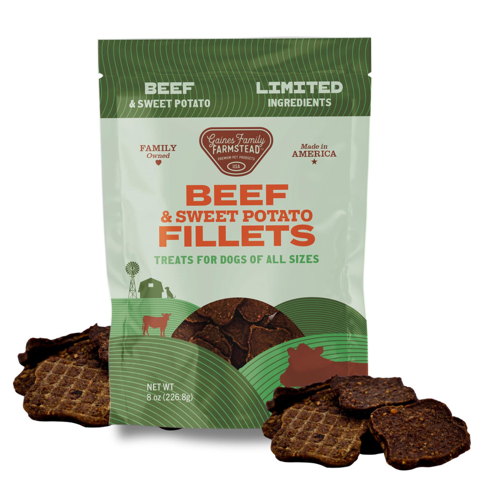 Friandises Gaines Family Farmstead filets boeuf patate douce 8oz parfaites pour l'entraînement.