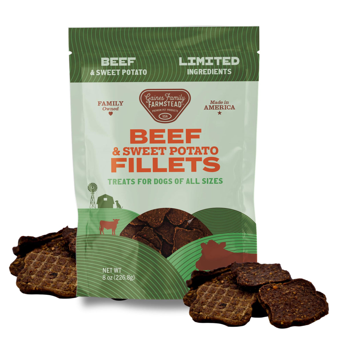 Friandises Gaines Family Farmstead filets boeuf patate douce 8oz parfaites pour l'entraînement.