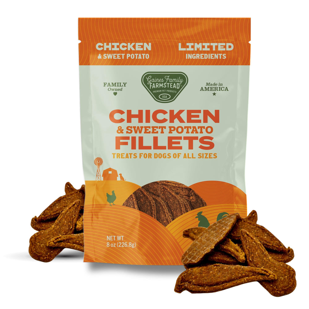 Friandises Gaines Family Farmstead Fillets Poulet et Patate Douce, sachet 227 g, idéale pour chiens actifs.