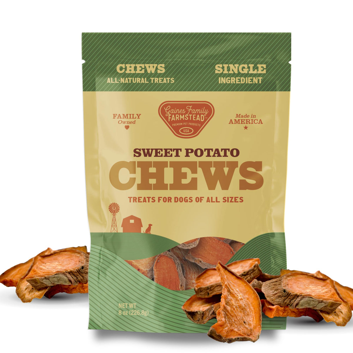 Friandises Gaines Family Farmstead patate douce 8 oz, bouchées naturelles pour chien et mâchage prolongé.