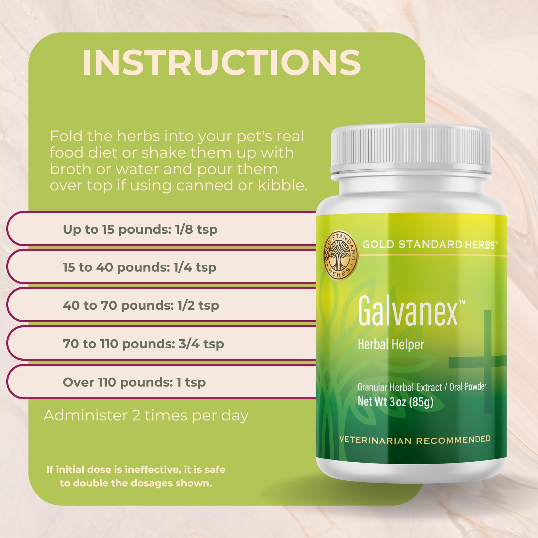 Galvanex-dose-quotidien-utilisation chien clarifie les quantités recommandées