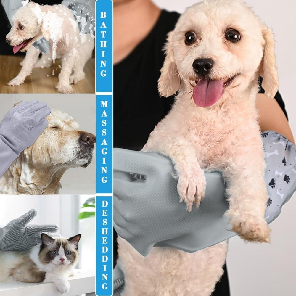 Gants GALYNA montrant la brosse douce pour démêler et nettoyer le pelage.