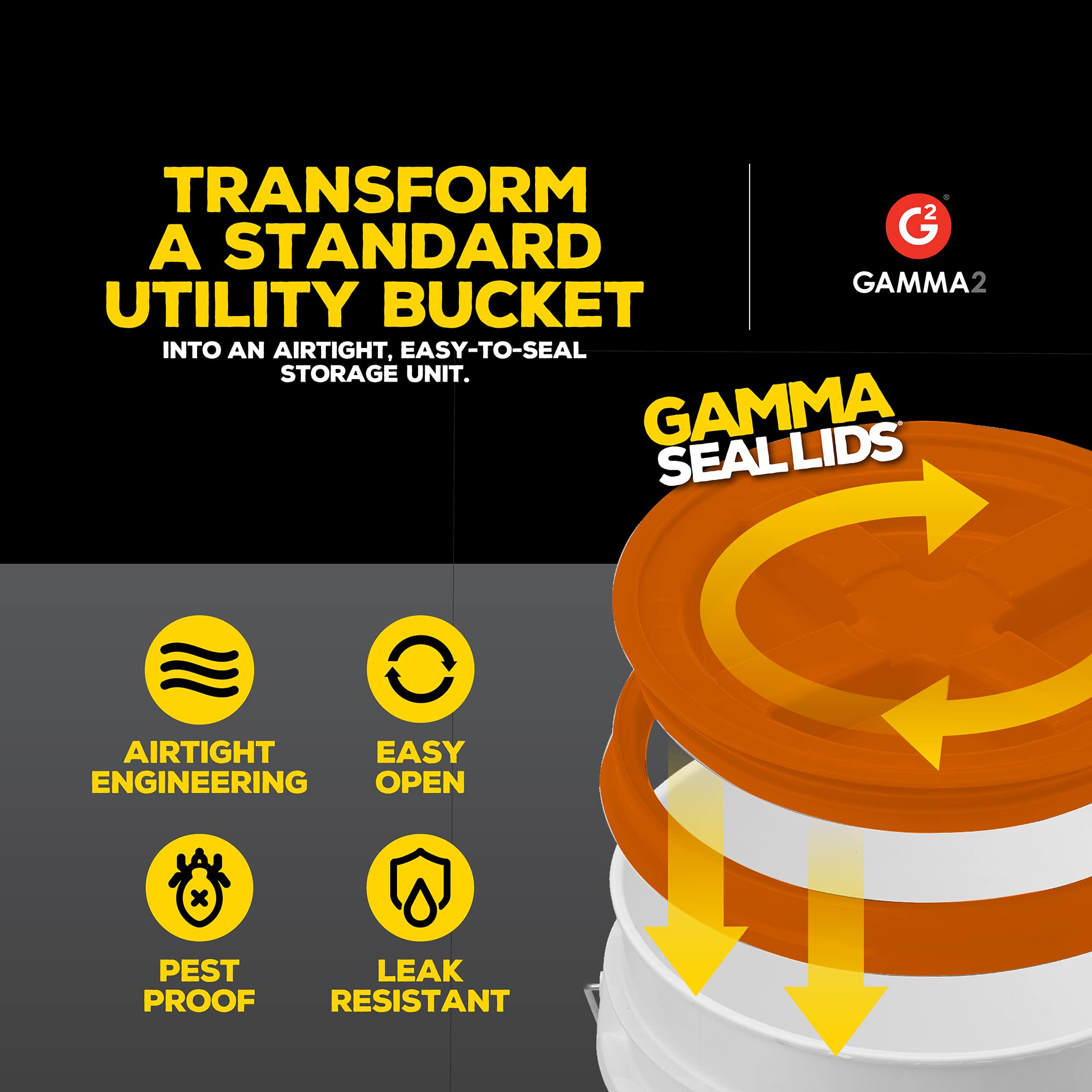 Fermeture hermétique Gamma Seal sur seau orange pour rangement sûr.