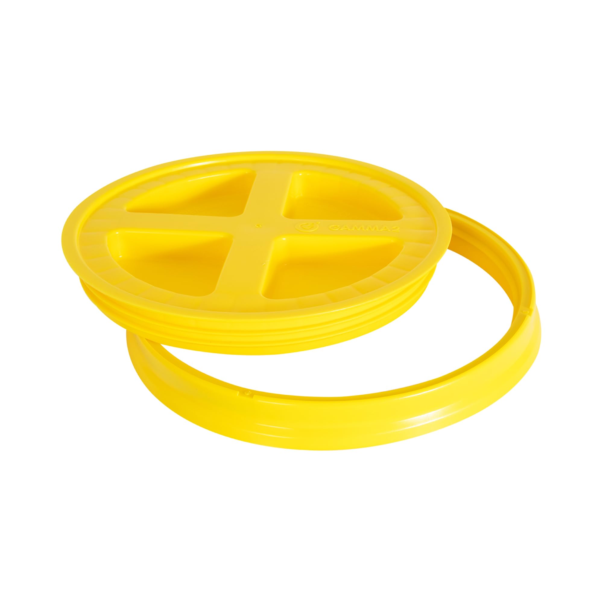 Gamma2 Gamma Seal Lid monté sur seau 3-5 gal jaune, étanchéité fiable pour stockage.