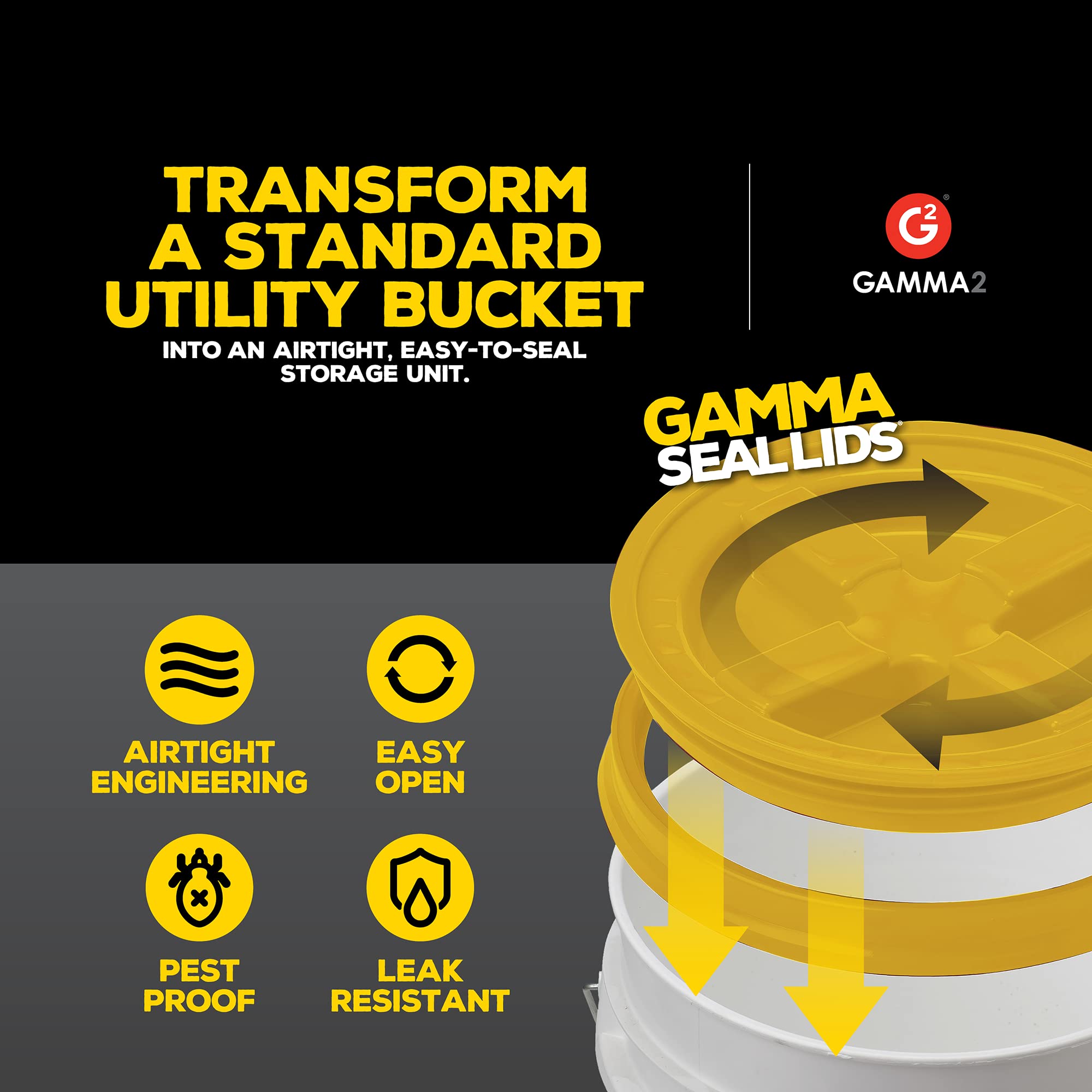 Gamma2 Gamma Seal Lid sur seau 7 gal jaune, solution durable pour long stockage.