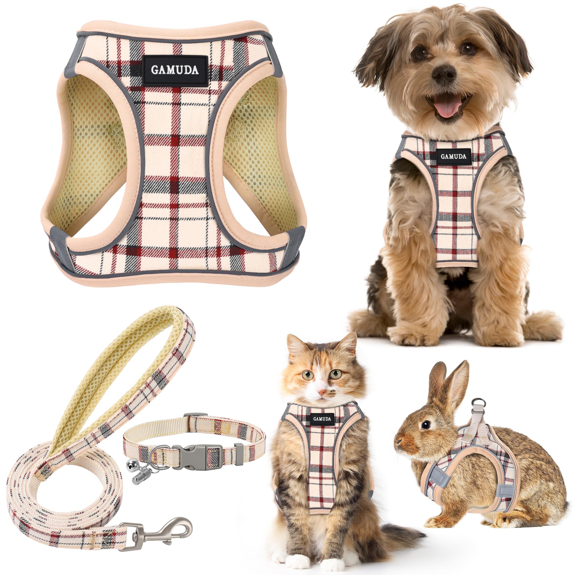 Harnais GAMUDA pour petit chien en plaid beige, confort quotidien et ajustement sûr.