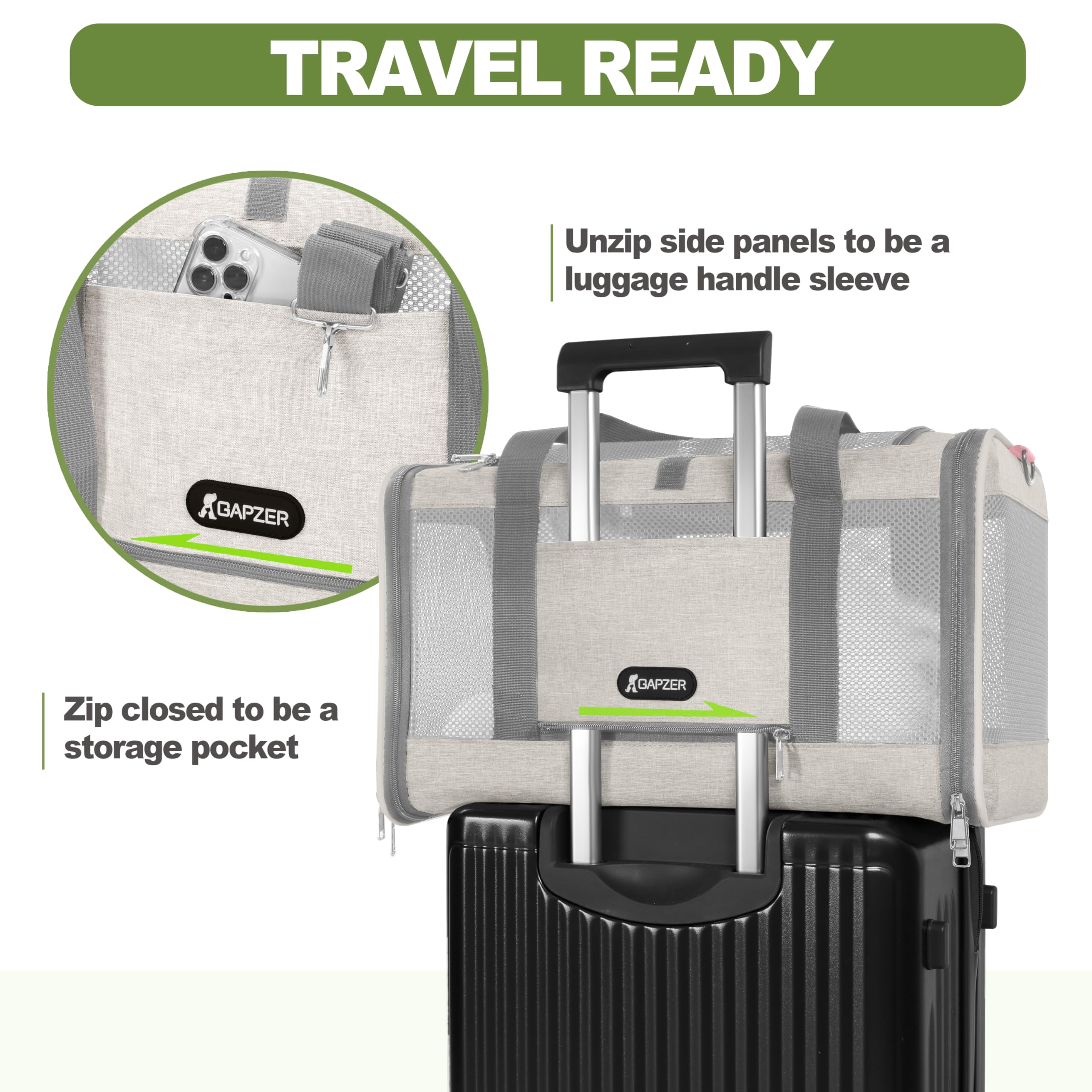 Porte-chat GAPZER avec accès latéral facilitant les transferts en voyage.