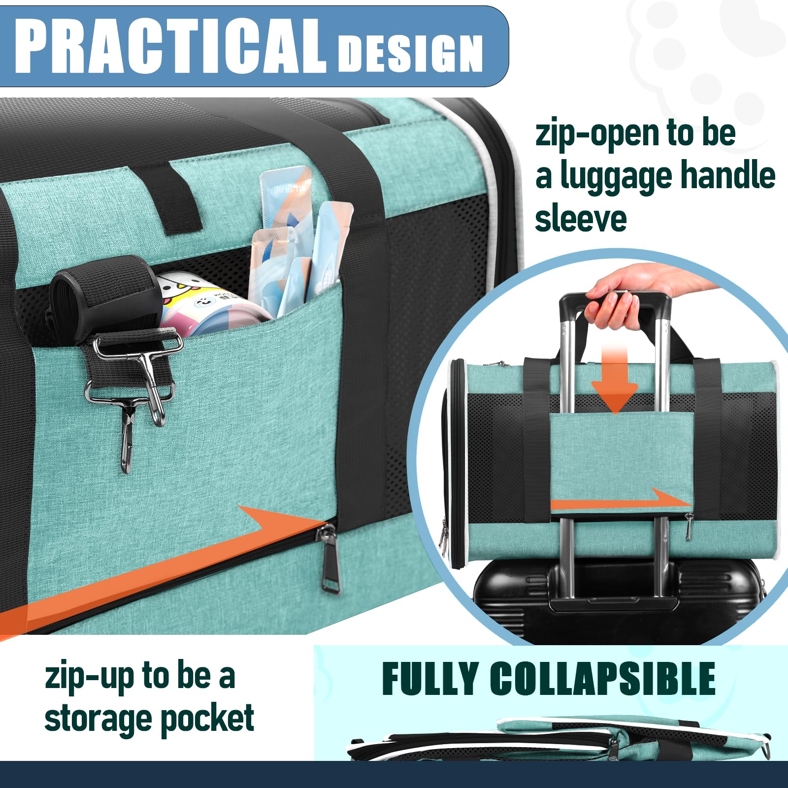 GAPZER Porte-chat Soft Teal bandoulière, transport maniable et mains libres.