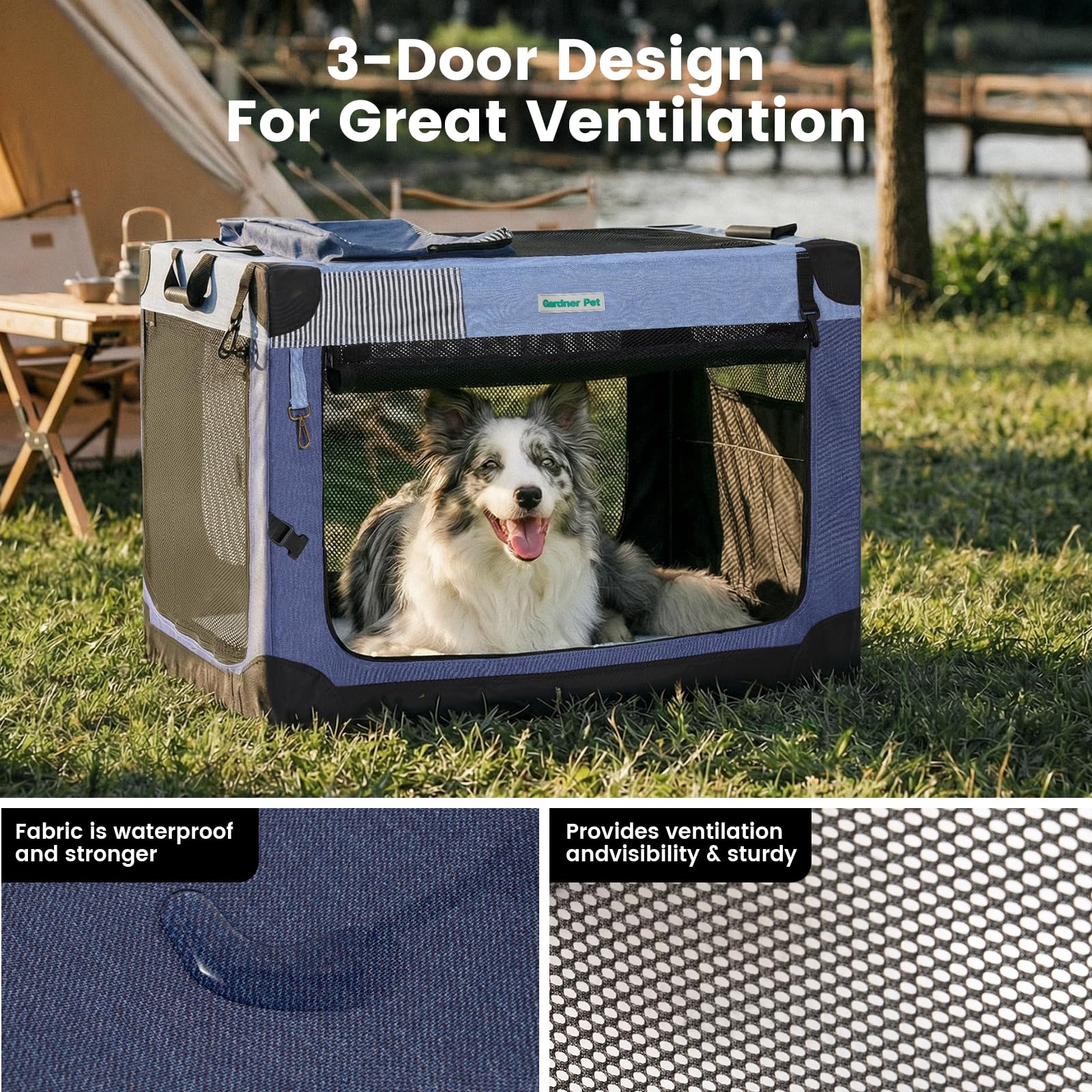 Gardner Pet cage-chien douce repliable bleu 36 pouces, porte multi-accès pratique.