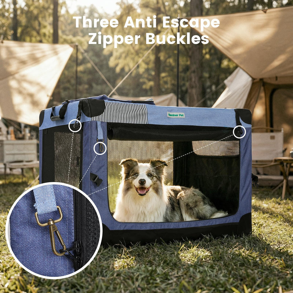 Gardner Pet Caisse-chien 3-portes bleue, accès rapide et vue panoramique.