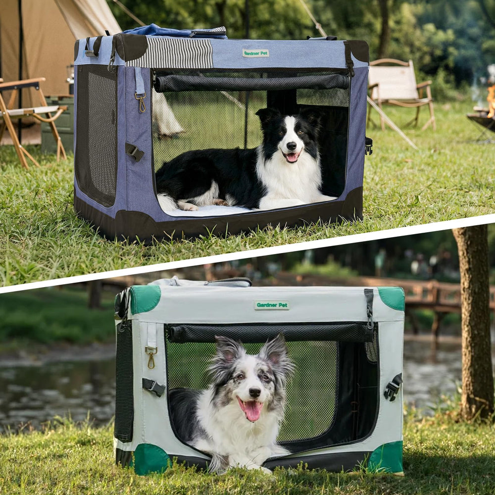 Gardner Pet Caisse-chien ventilation omnidirectionnelle bleue, vue panoramique pour animaux curieux.