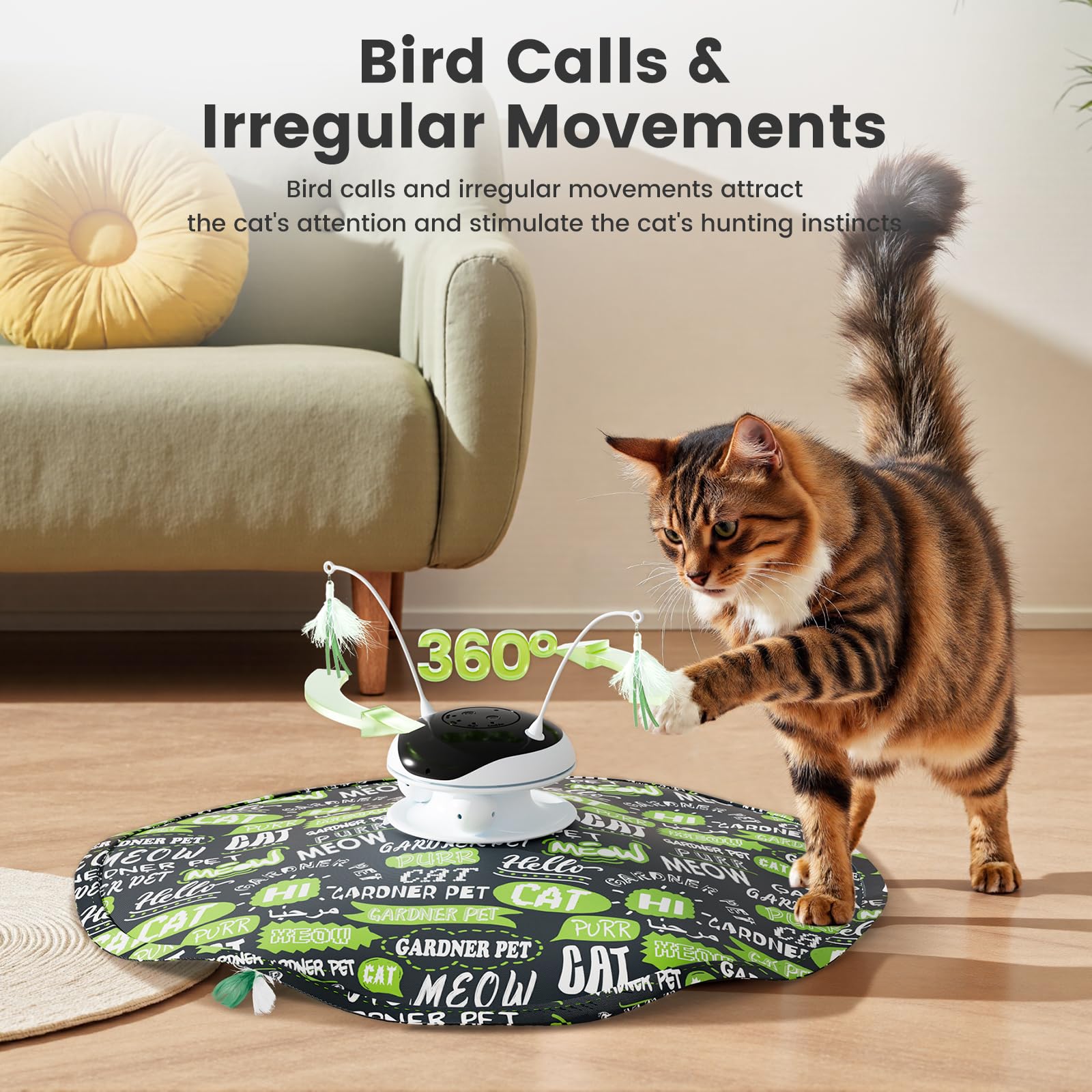Gardner Pet Chat: rotation des plumes à 360° pour stimulation.