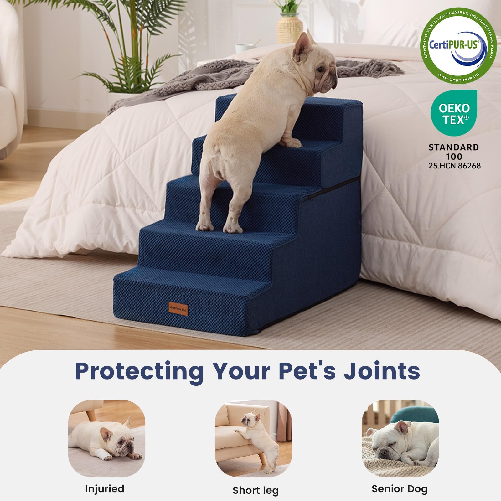Gardner Pet base anti-dérapante bleu marine assure une montée sécurisée.