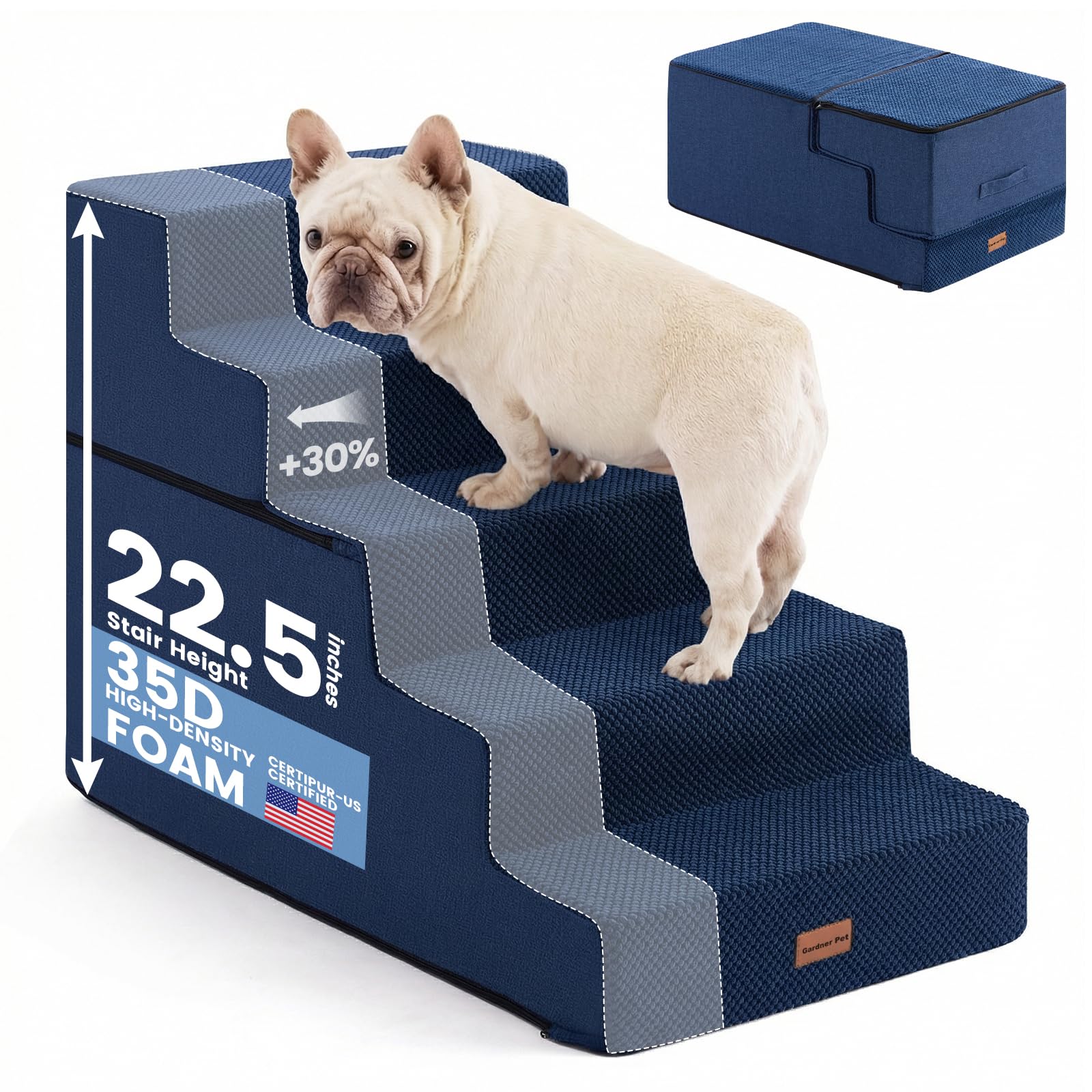Gardner Pet escalier chien petit 5 etapes bleu marine pour stabilité sur lit élevé.