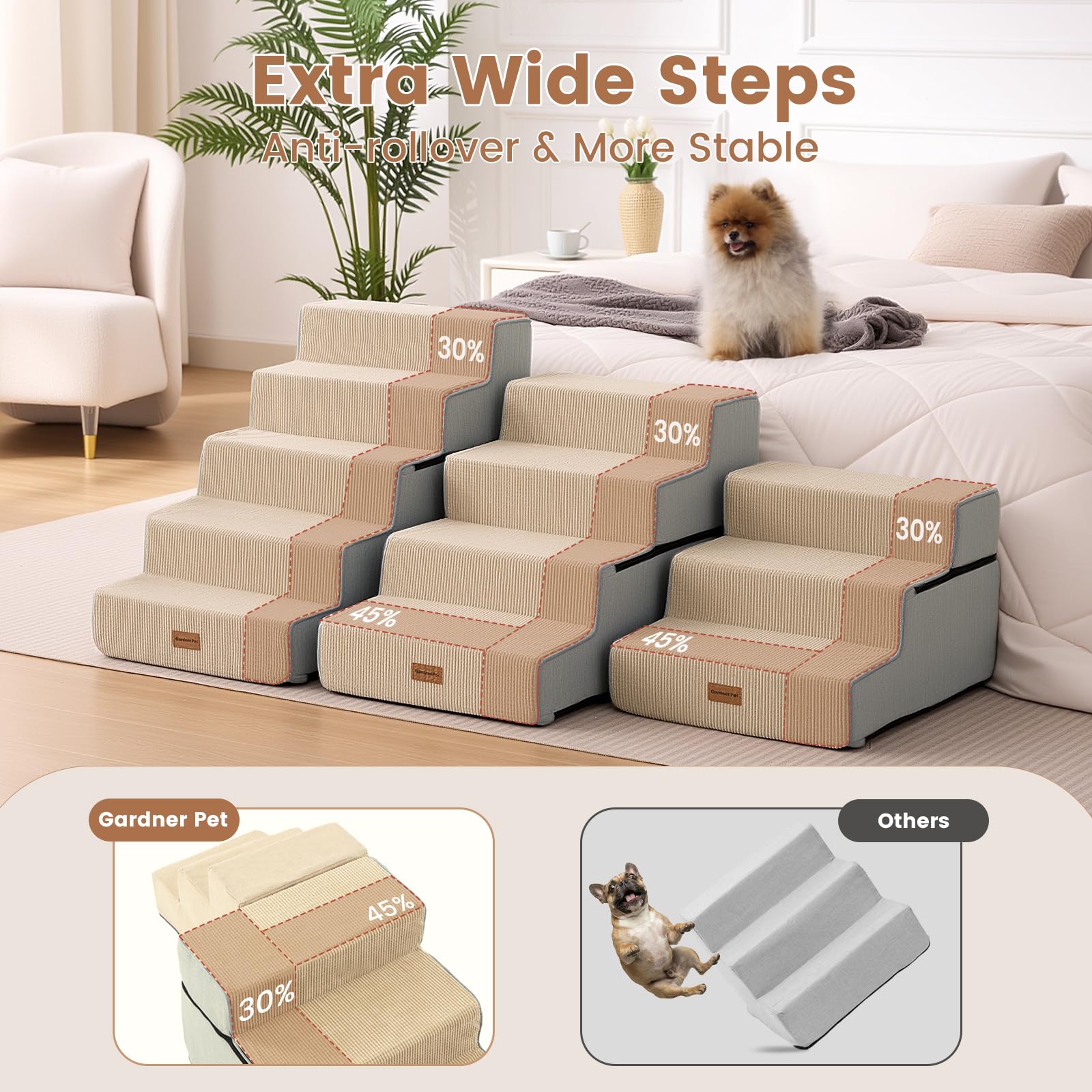 Gardner Pet escaliers 4 marches beige — accès sûr au lit pour petit chien.