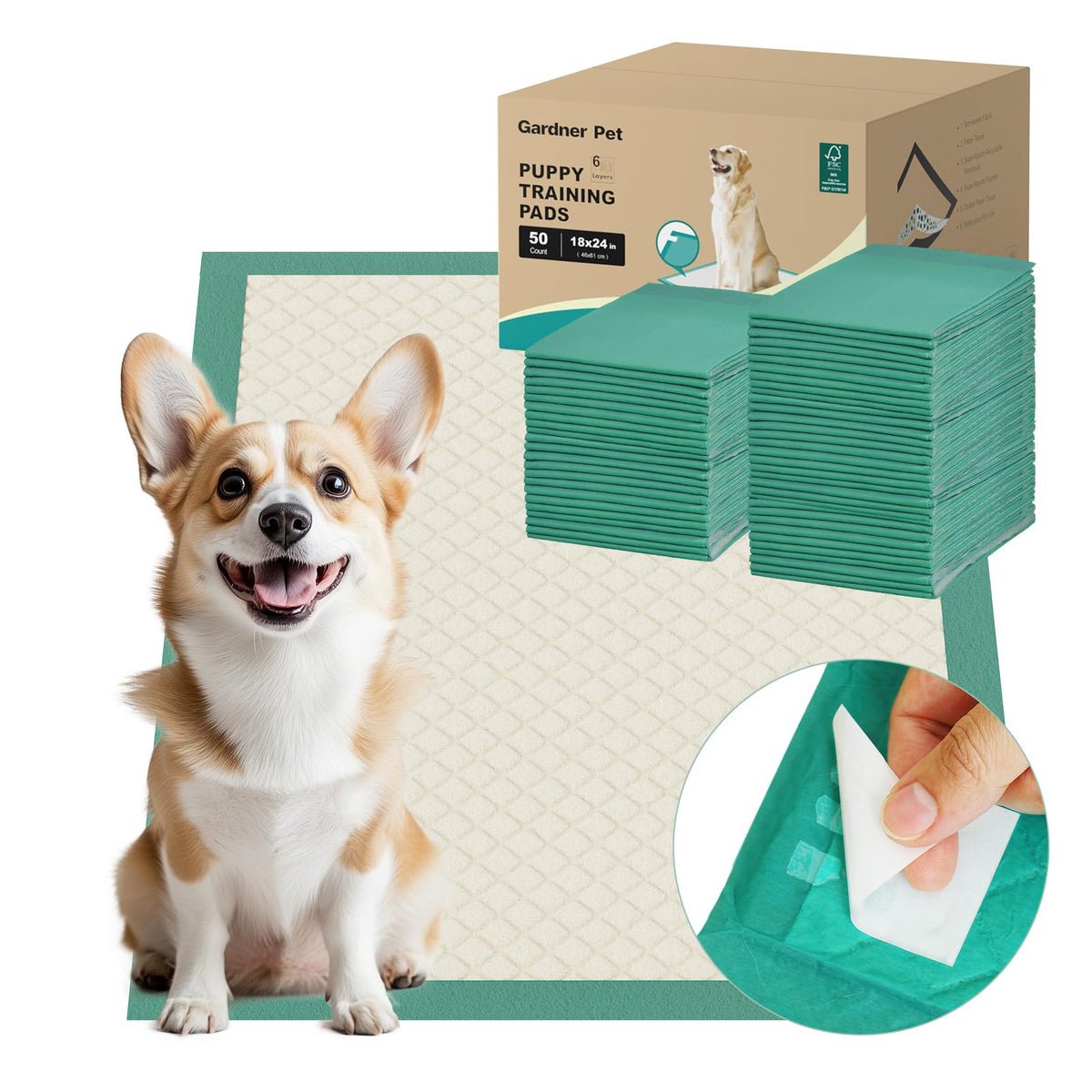 Gardner Pet Tapis chiots 18x24 – emballage et dimensions affichées