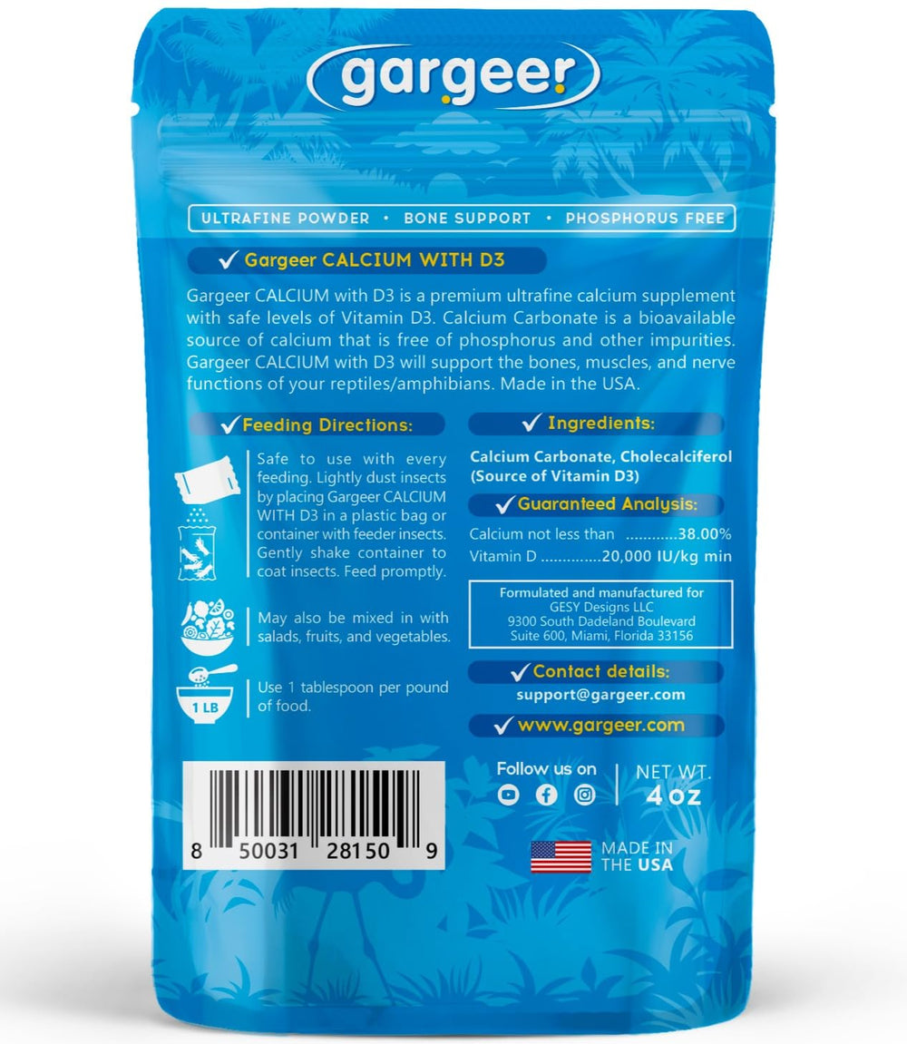 Gargeer calcium D3 reptiles: vitamine D3 pour une meilleure absorption.