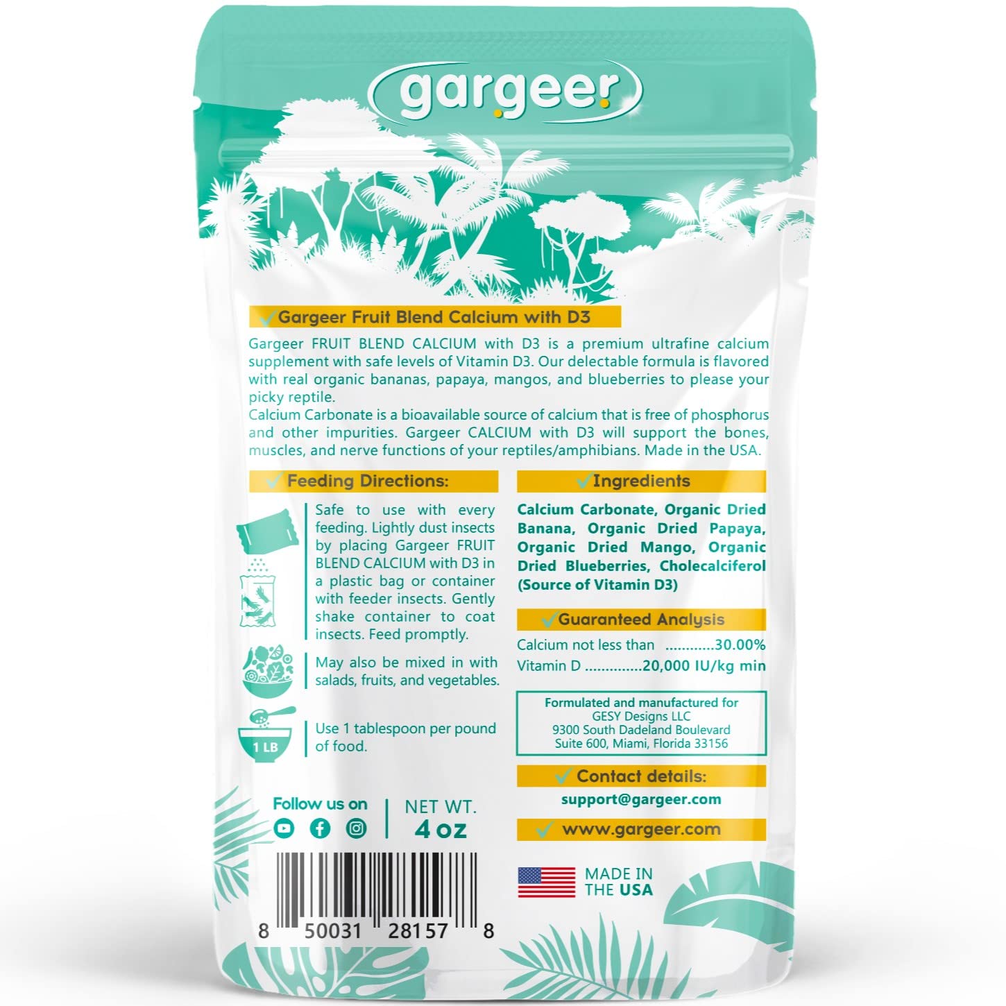 Gargeer Calcium Reptile – insectes enrobés D3 pour meilleure absorption