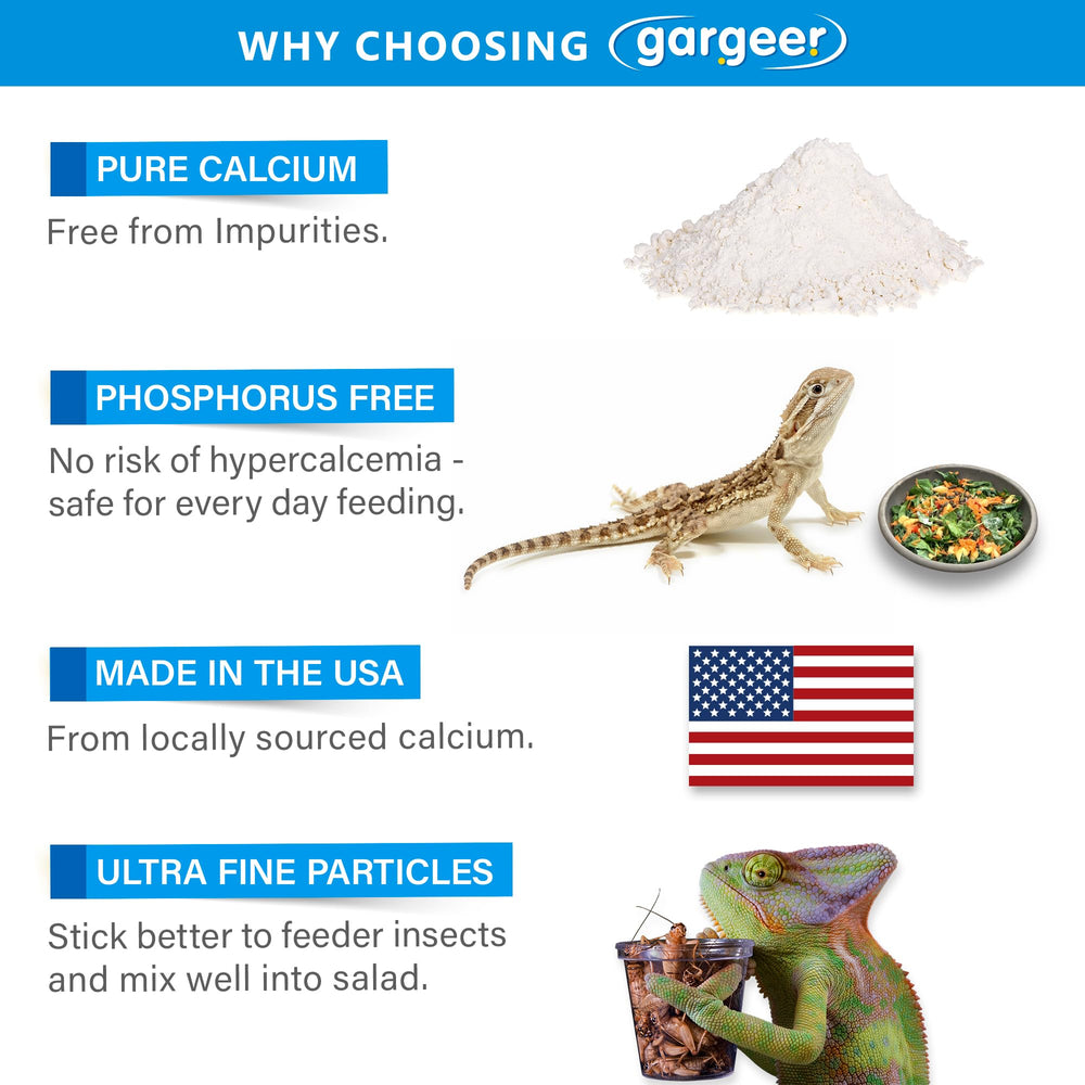 Gargeer calcium sans phosphore: formule équilibrée pour reptiles et amphibiens.